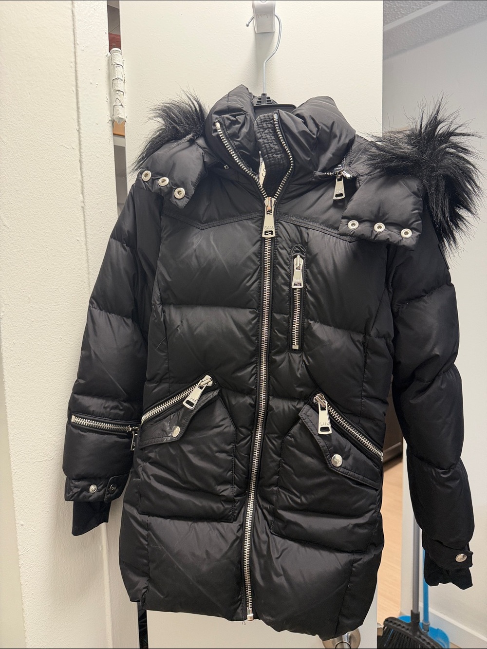 SAM. Black Hooded Puffer Coat with Faux-Fur Trim